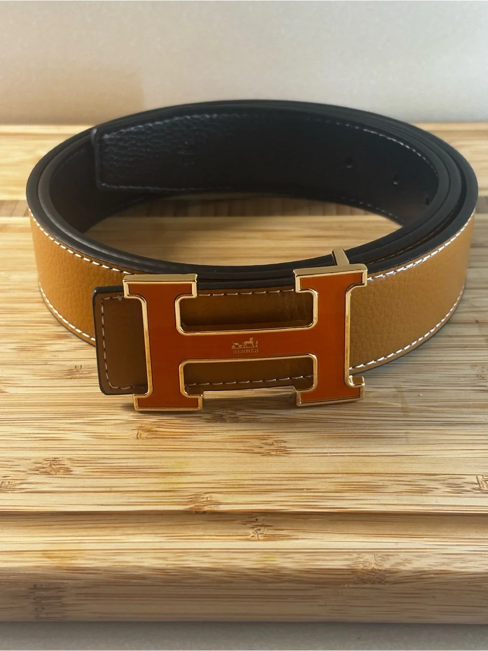 Men’s Tan Leather Belt with Orange 'H' Buckle